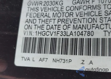 2020 Honda Accord Sport from USA, damaged, VIN 1HGCV1F33LA104780